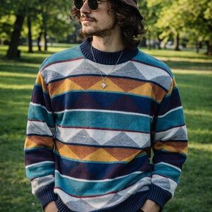 Vintage Geometric Knit Sweater Men Sz M Colorful 80/90s Y2K Style Pattern Retro